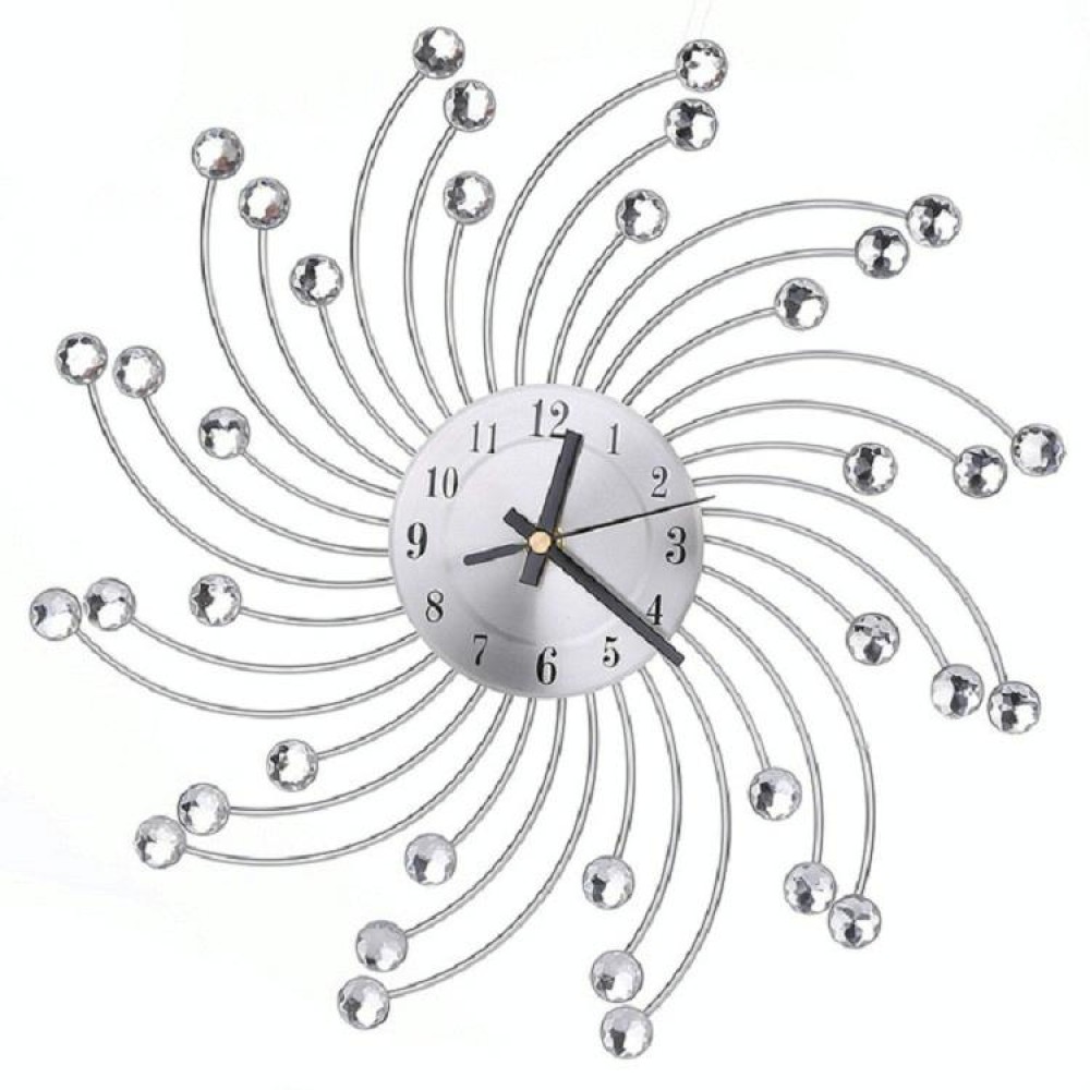 Wrought Iron Crystal Wall Clock Mute Metal Wall Clock for Living Room Bedroom(Silver)