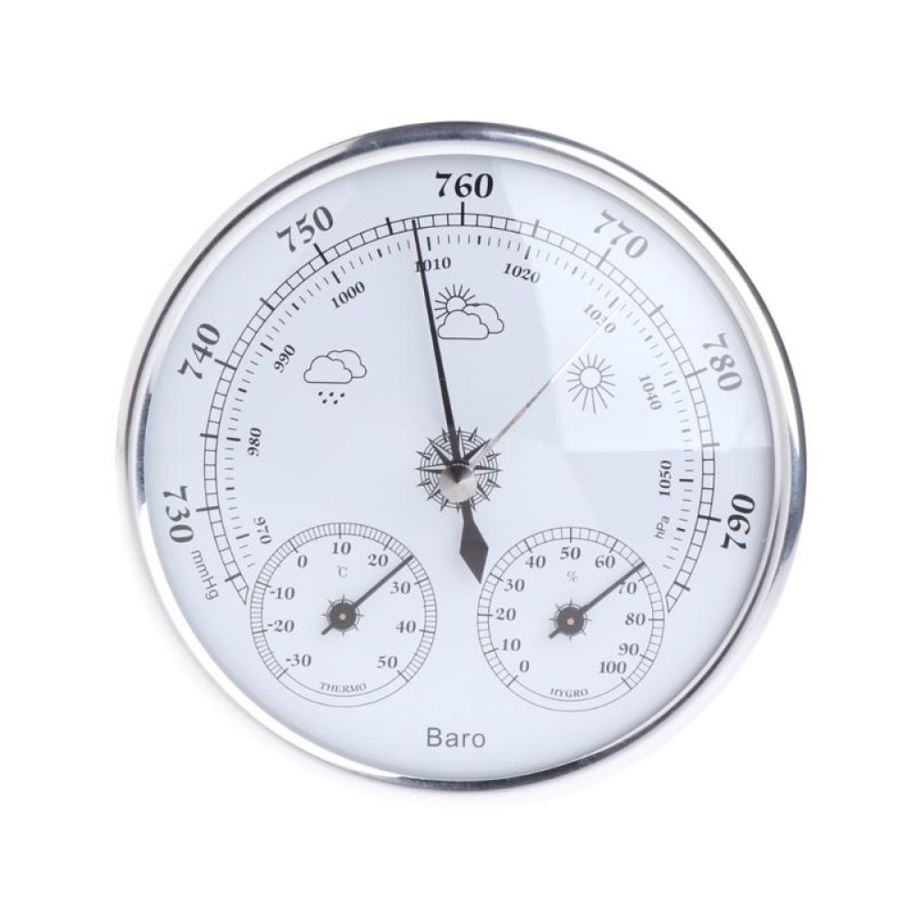 THB9392 Wall Hanging Household Weather Station Barometer Thermometer Hygrometer, 128mm (Silver)