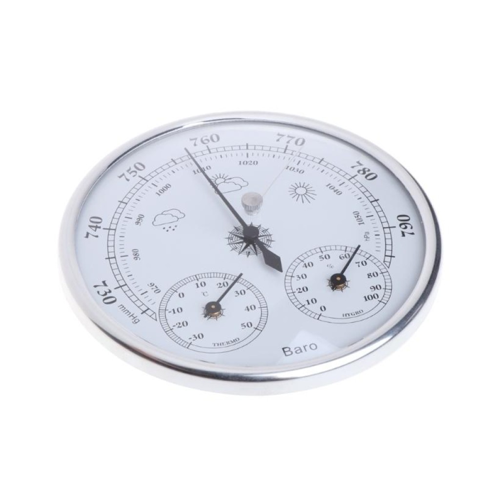 THB9392 Wall Hanging Household Weather Station Barometer Thermometer Hygrometer, 128mm (Silver)