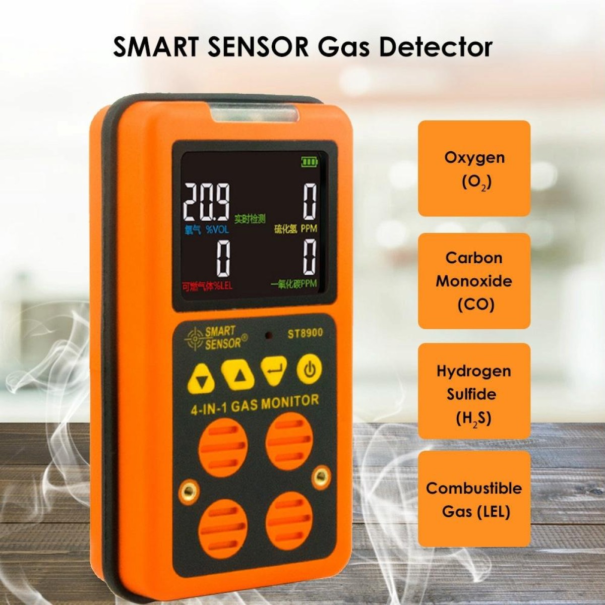 ST8900 4 in 1 Toxic Gas CO Carbon Monoxide Detector Hydrogen Sulfide H2S Oxygen Combustible Gas Test LCD Display Monitor, Sound Light Vibration Alarm, CN Plug