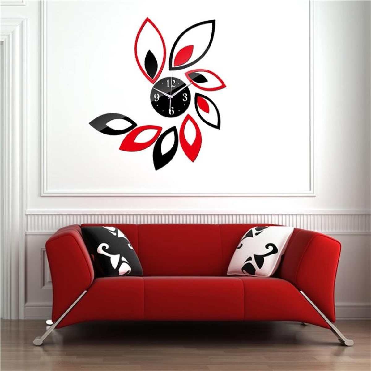 Flower Art Modern Design DIY Removable 3D Crystal Mirror Wall Clock Wall Sticker Living Room Bedroom Decor(Red+Black)