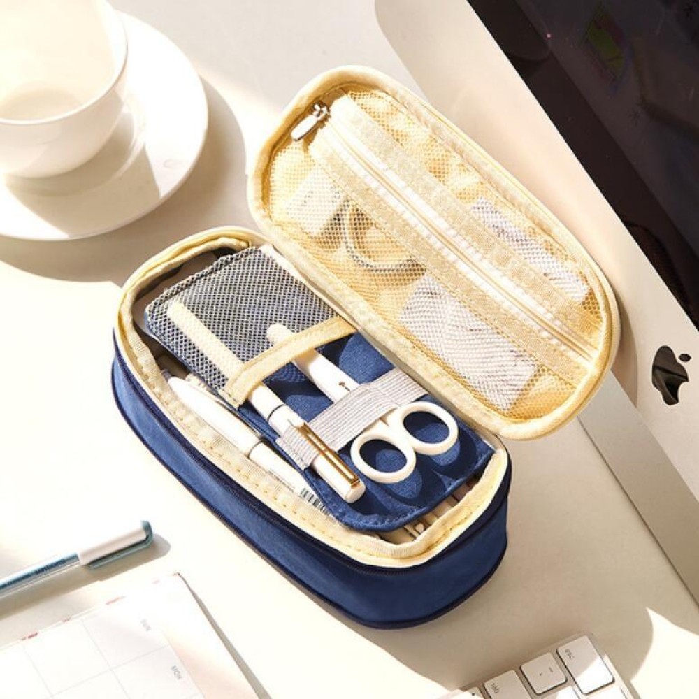 Simple Primary Junior High School Student Stationery Bag Flexible Pencil Case Large Capacity Mesh Pencil Case(Nary Blue)