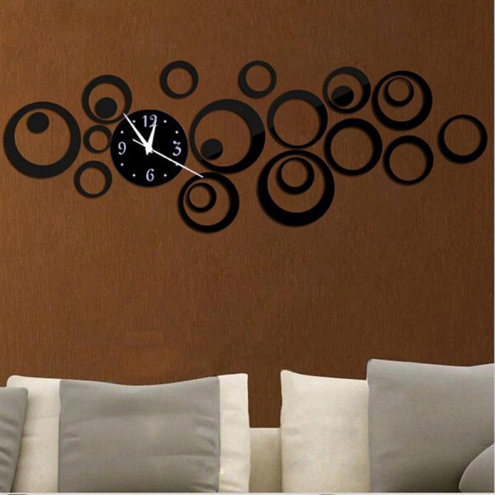 Wall Clock 3D Three-dimensional Acrylic Fashion Mirror Wall Stickers Clock DIY Circle Combination Decorative Clock(Black)