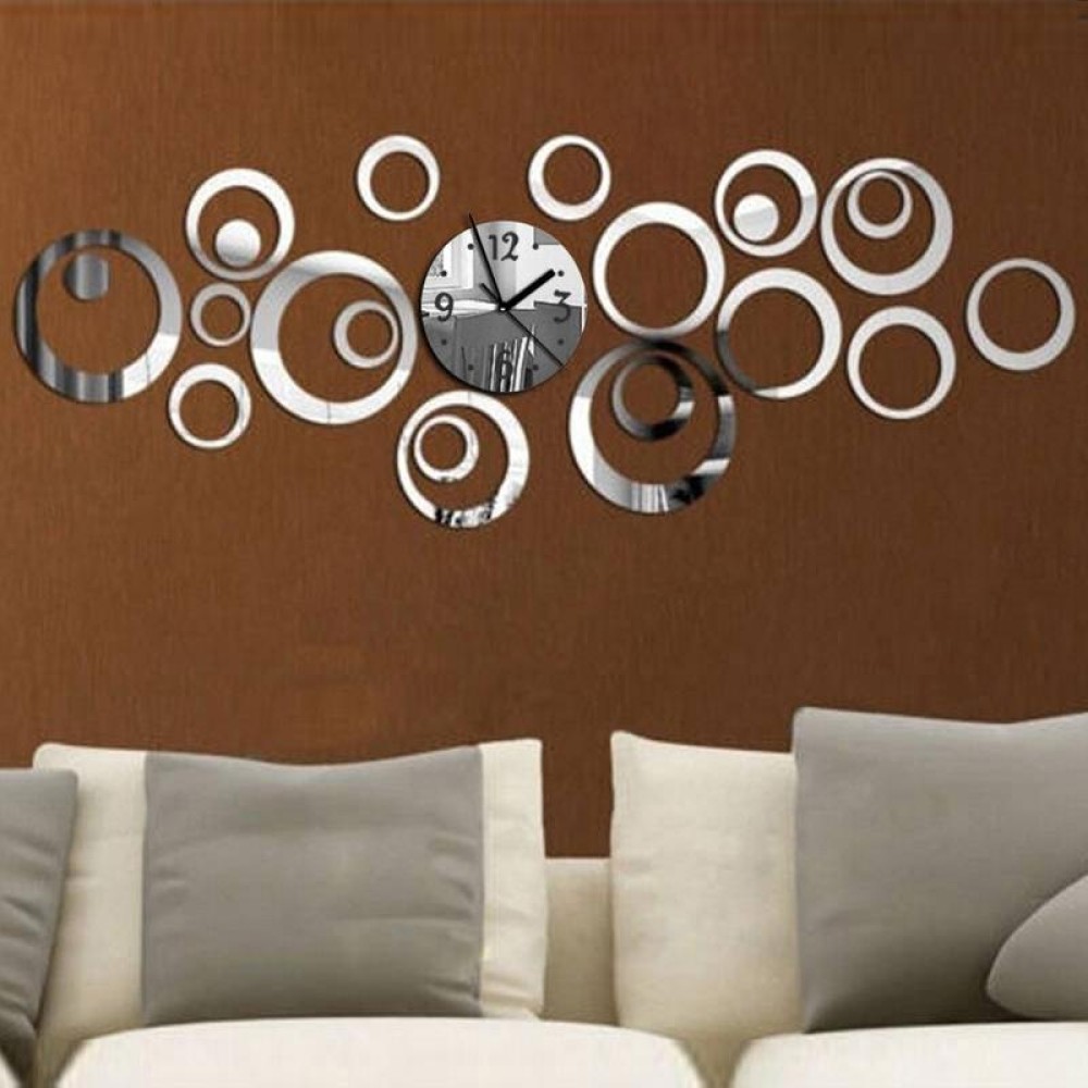 Wall Clock 3D Three-dimensional Acrylic Fashion Mirror Wall Stickers Clock DIY Circle Combination Decorative Clock(Silver)