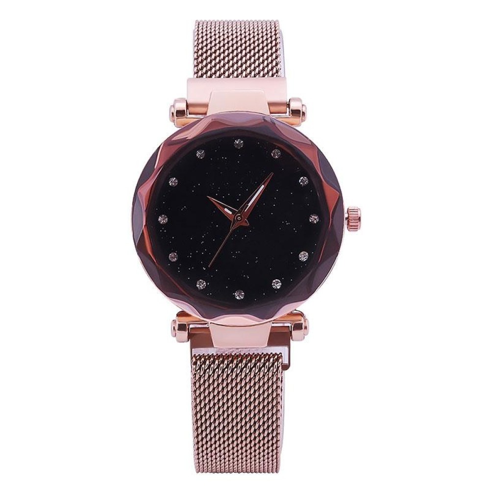 Luxury Mesh Ladies Clock Magnet Buckle Starry Diamond Geometric Quartz Wristwatch Women Watches(Rose gold)
