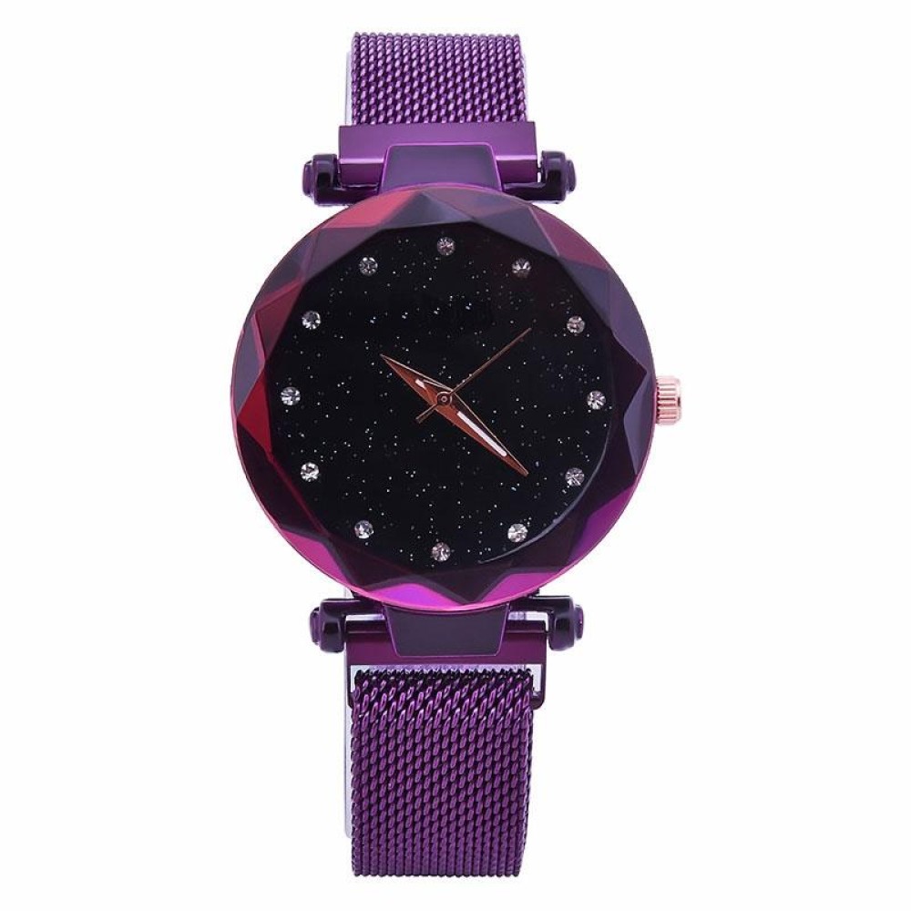 Luxury Mesh Ladies Clock Magnet Buckle Starry Diamond Geometric Quartz Wristwatch Women Watches(Purple)