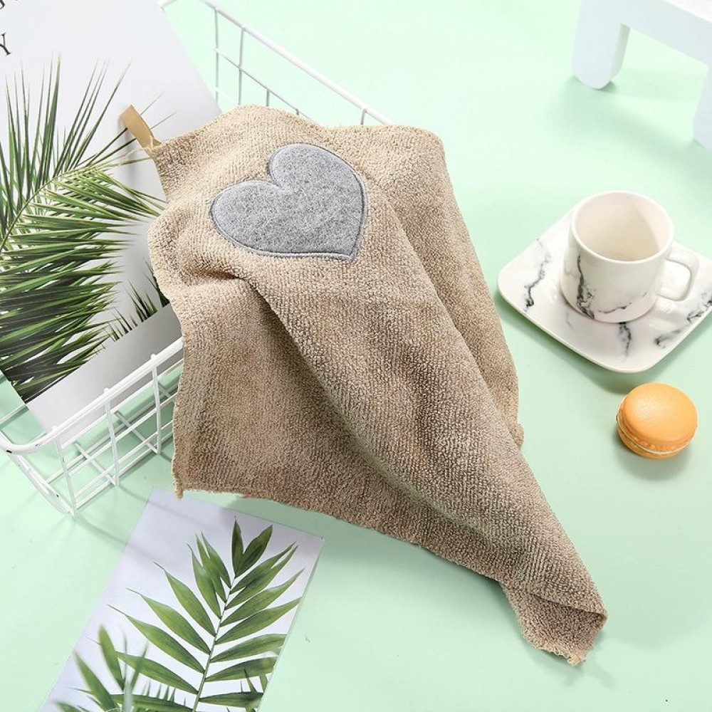 Kitchen Cute Love Heart Pattern Soft Hand Towel Cleaning Dish Microfiber Wipe Table Cloth(khaki)