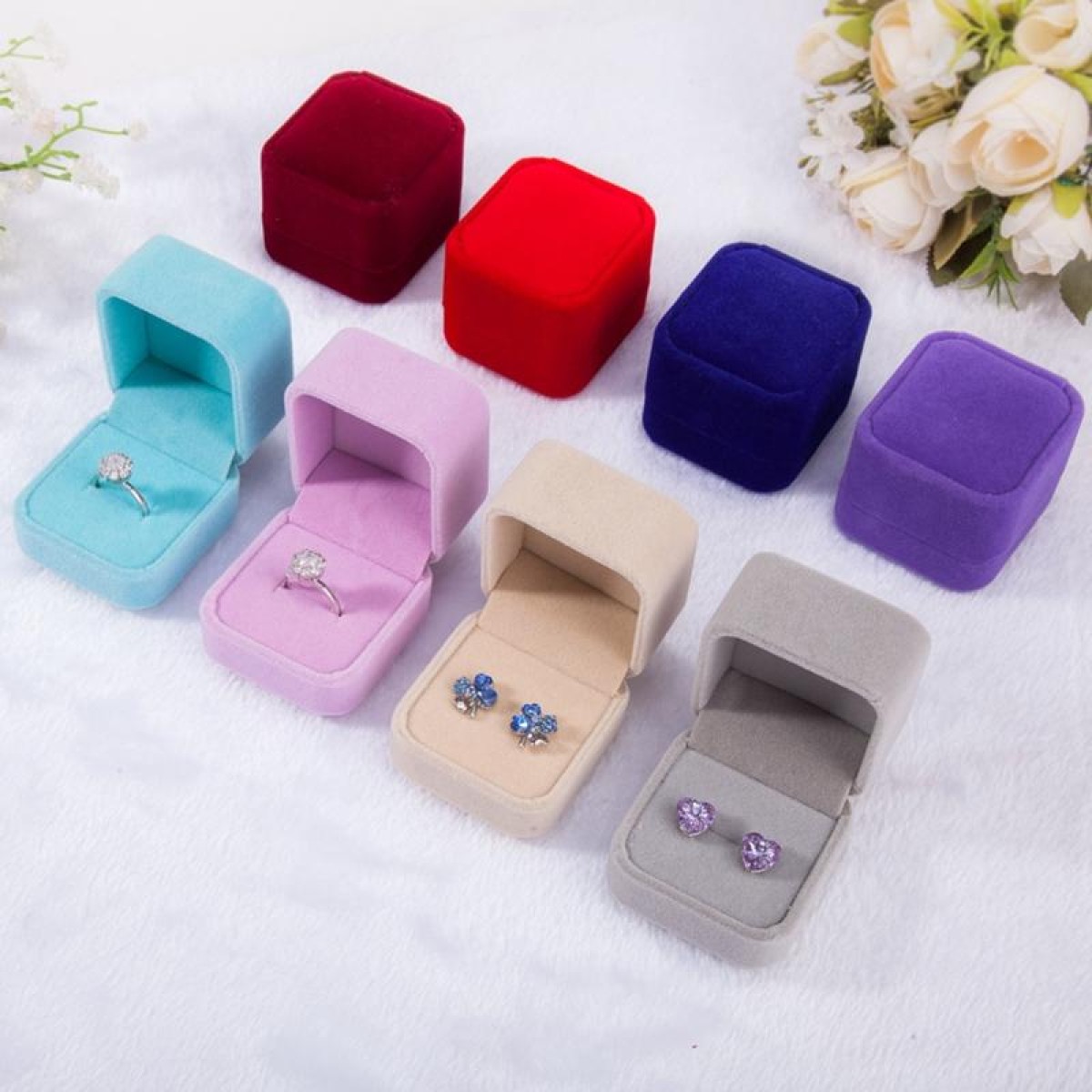 3 PCS Wedding Jewelry Accessories Square Velvet Jewelry Box Jewelry Display Case Gift Boxes Ring Earrings Box(Khaki)