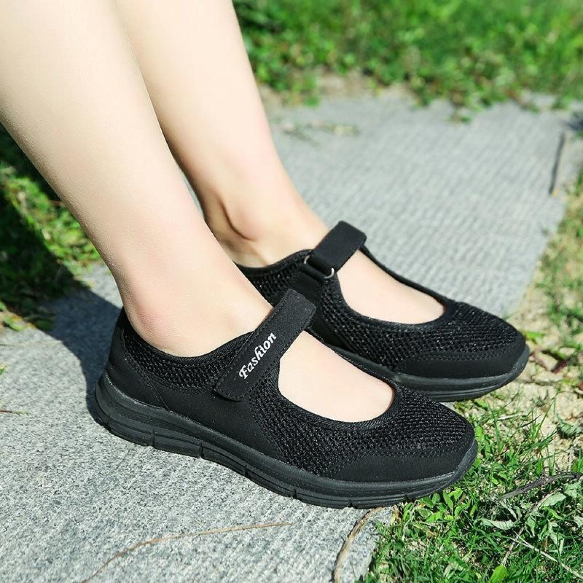 Women Casual Mesh Flat Shoes Soft Sneakers, Size:41(Black)