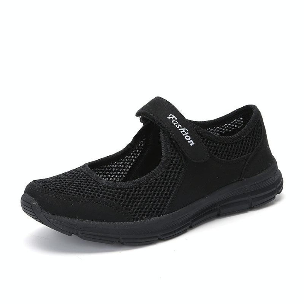 Women Casual Mesh Flat Shoes Soft Sneakers, Size:42(Black)