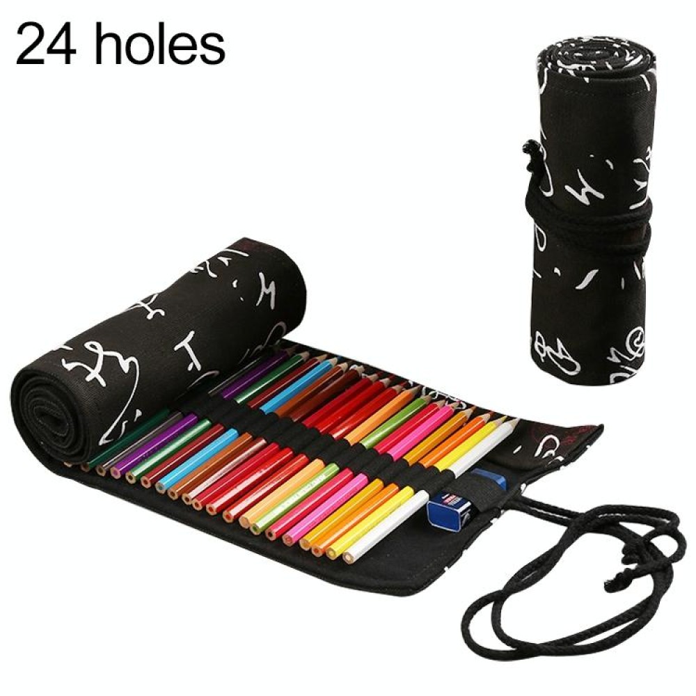 Calligraphy Cute Canvas Roll School Pencil Case Pencilcase Student Pen Bag Stationery Pouch Supplies(24 Holes)