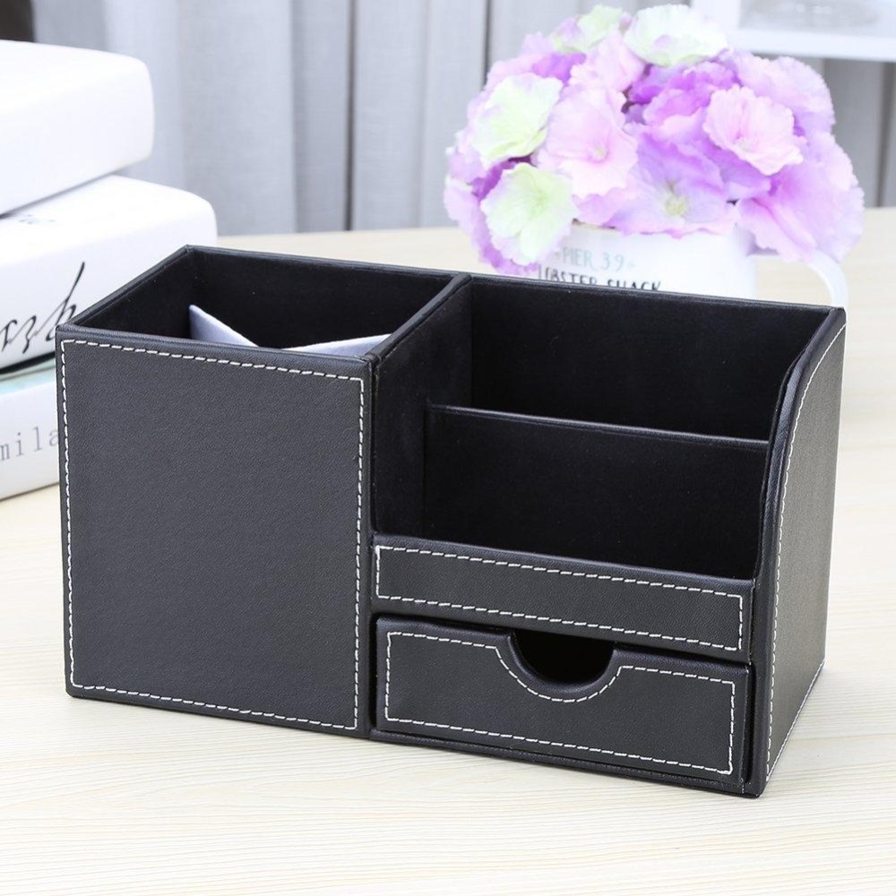 PU Leather Multi-function Desk Stationery Organizer Pen Storage Box(Black)