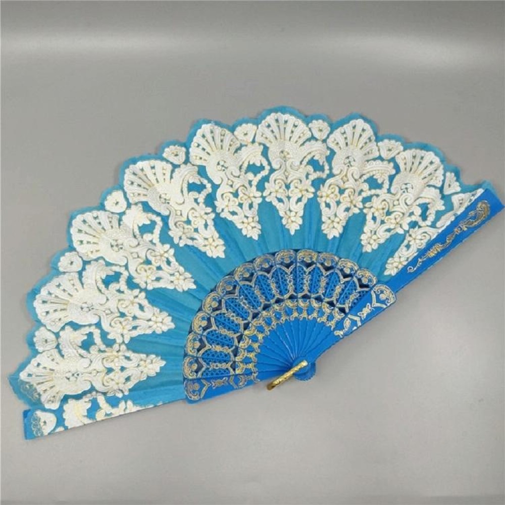 Spain Style Plastic Folding Fan Peacock Lace Fan Ladies Dance Gilding Fan, Size:23x42cm(Lake Blue)