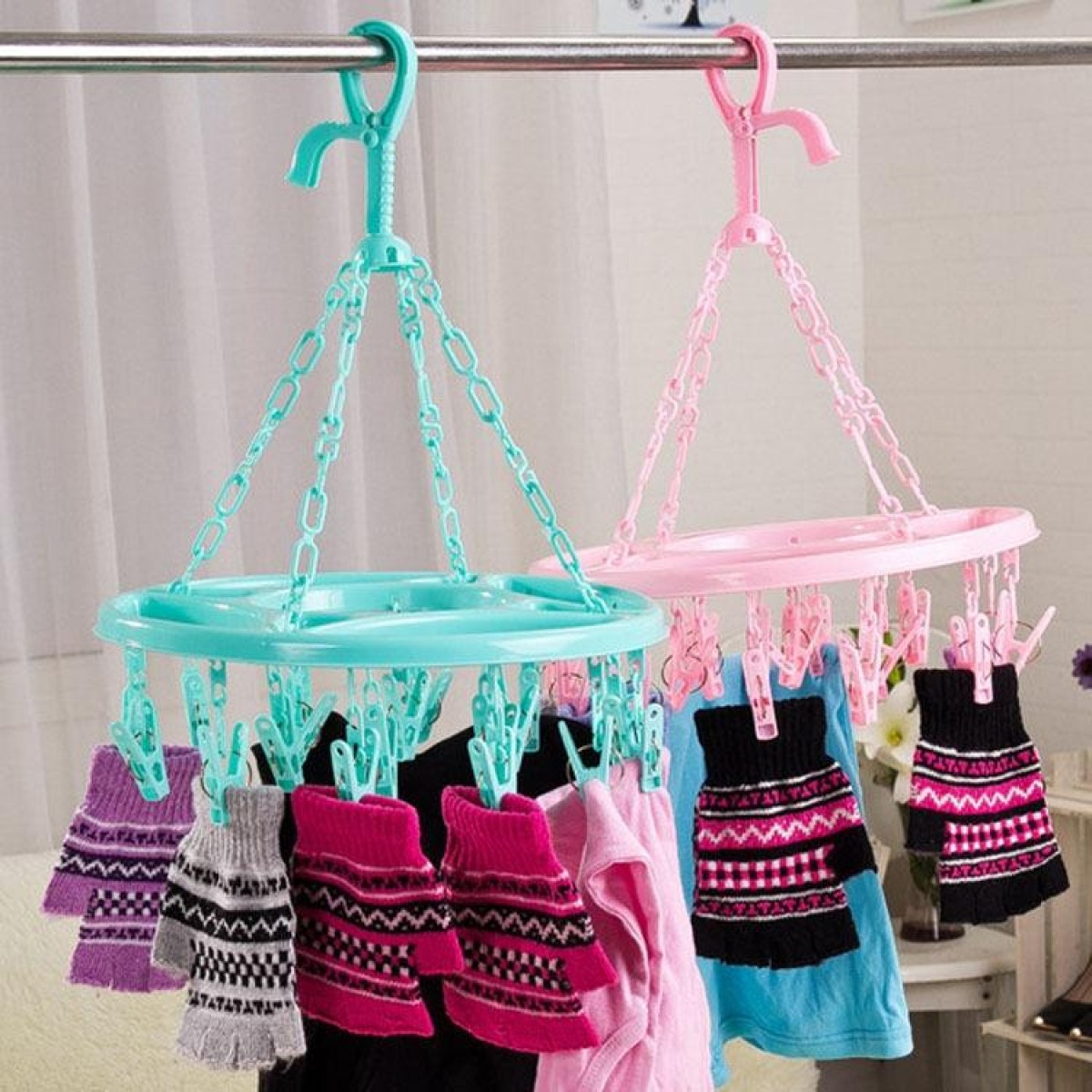 18 Clips Drying Rack Sock Holder Portable Folding Cloth Hanger Rack(Pink)