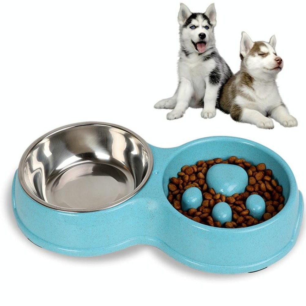 Slow Food Anti-choke Stainless Steel Double Bowl Pet Non-slip Cat Food Bowl(Blue)