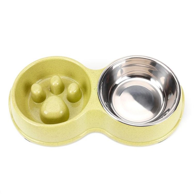 Slow Food Anti-choke Stainless Steel Double Bowl Pet Non-slip Cat Food Bowl(Green)