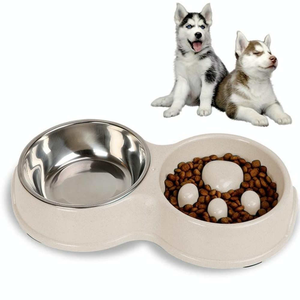 Slow Food Anti-choke Stainless Steel Double Bowl Pet Non-slip Cat Food Bowl(White)