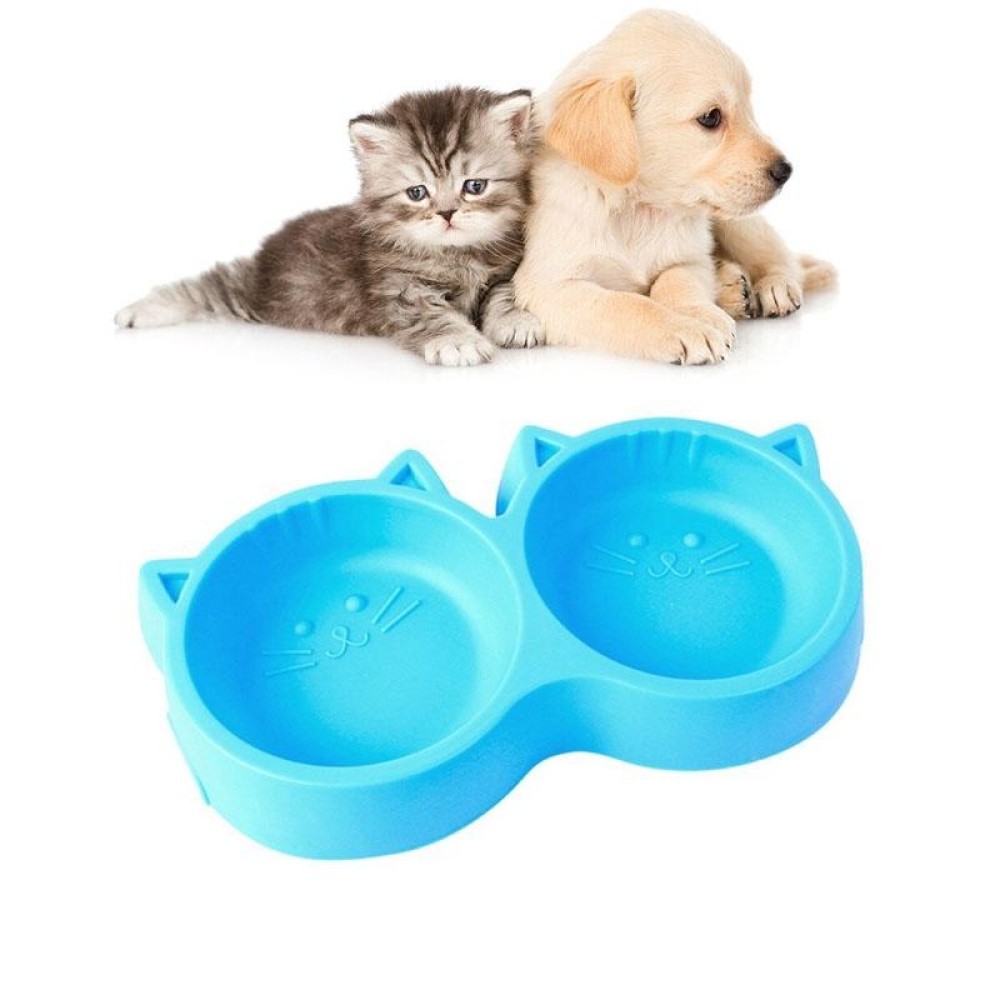 Dog and Cat Face Printed Double Bowl  Plastic Food Bowl Pet Products(Blue)