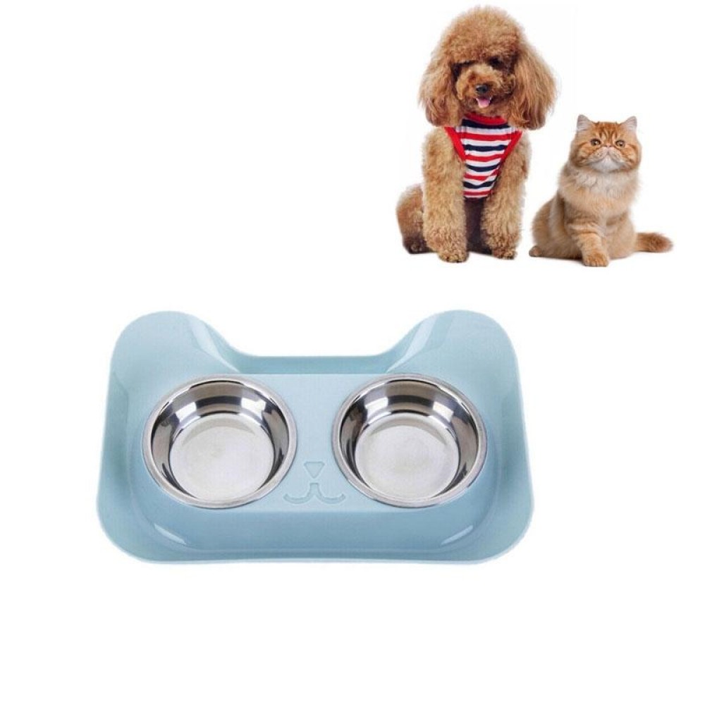Stainless Steel Cat and Dog Double Bowl Leak-proof Drinking Water Pet Bowl(Blue)