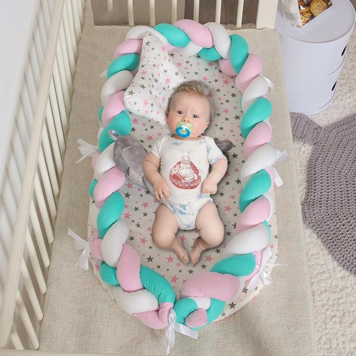 Cotton Woven Folding Portable Crib Bed Bionic Removable and Washable Manual Fence Three-dimensional Protective Crib(White blue pink)