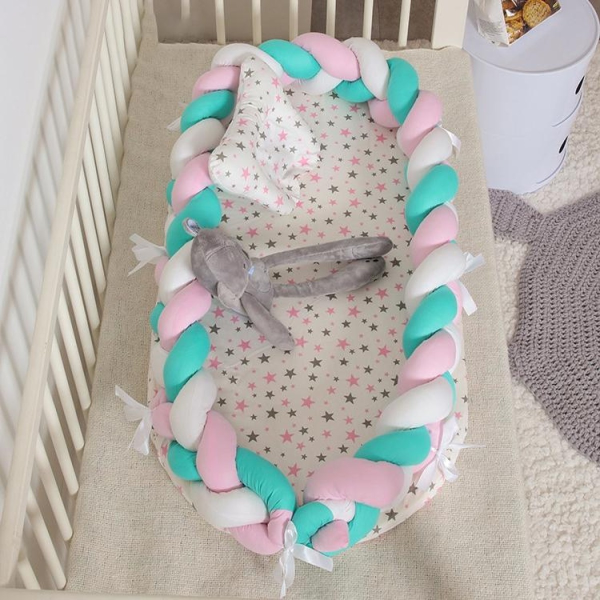 Cotton Woven Folding Portable Crib Bed Bionic Removable and Washable Manual Fence Three-dimensional Protective Crib(White blue pink)
