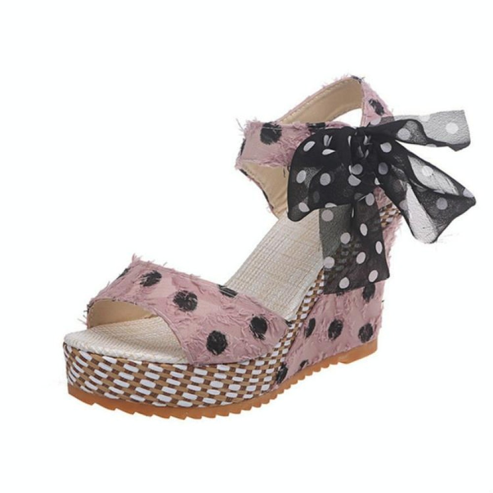 Women Sandals Dot Bowknot Platform Wedge Shoes, Size:36(Pink)