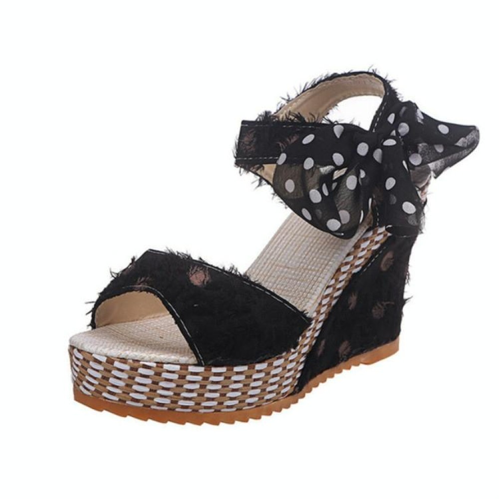 Women Sandals Dot Bowknot Platform Wedge Shoes, Size:36(Black)