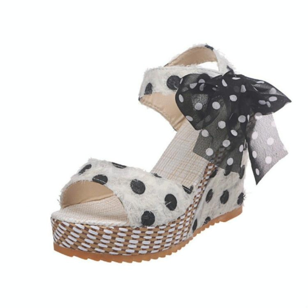 Women Sandals Dot Bowknot Platform Wedge Shoes, Size:36(White)