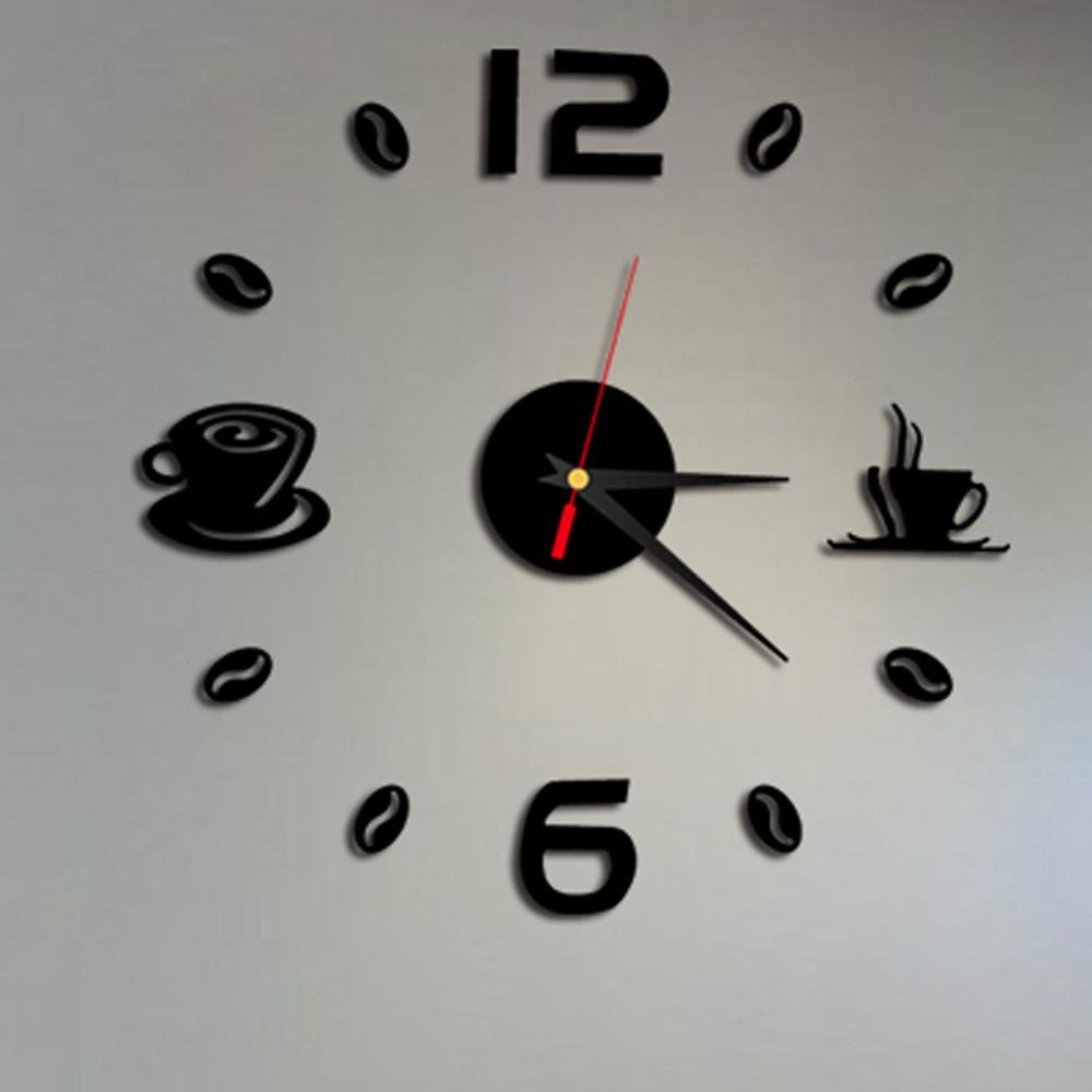 ISHOWTIENDA Fashion Acrylic DIY Coffee Cup Self Adhesive Interior Wall Creative Decoration Clock Mute Clock Stickers Muraux Wall Clock(Black)