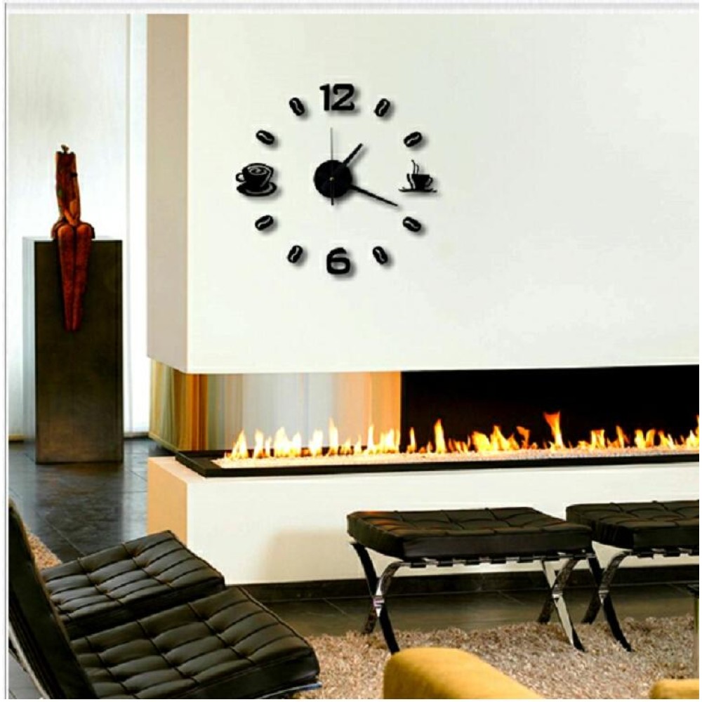 ISHOWTIENDA Fashion Acrylic DIY Coffee Cup Self Adhesive Interior Wall Creative Decoration Clock Mute Clock Stickers Muraux Wall Clock(Black)