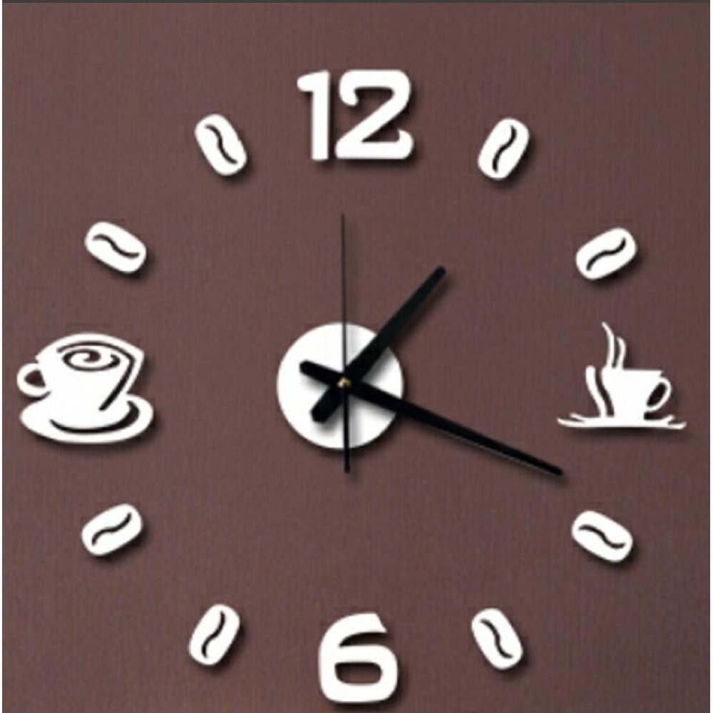 ISHOWTIENDA Fashion Acrylic DIY Coffee Cup Self Adhesive Interior Wall Creative Decoration Clock Mute Clock Stickers Muraux Wall Clock(White)