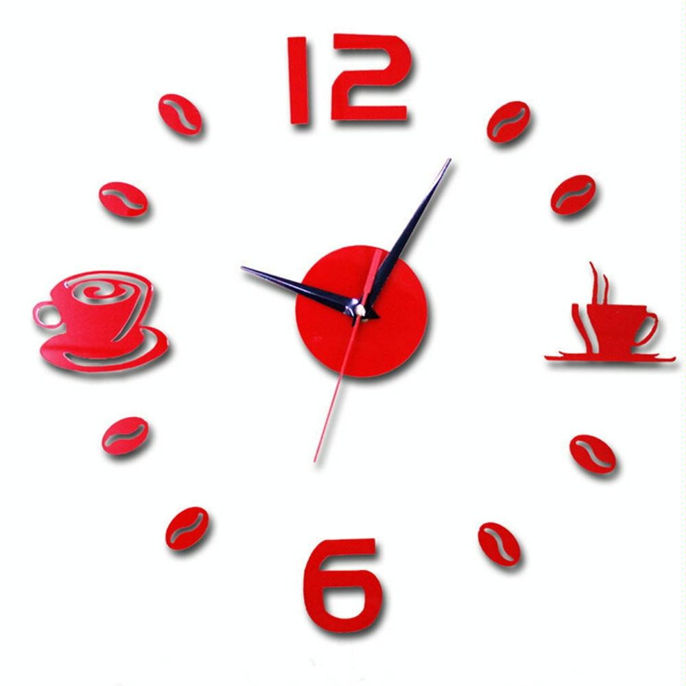 ISHOWTIENDA Fashion Acrylic DIY Coffee Cup Self Adhesive Interior Wall Creative Decoration Clock Mute Clock Stickers Muraux Wall Clock(Red)