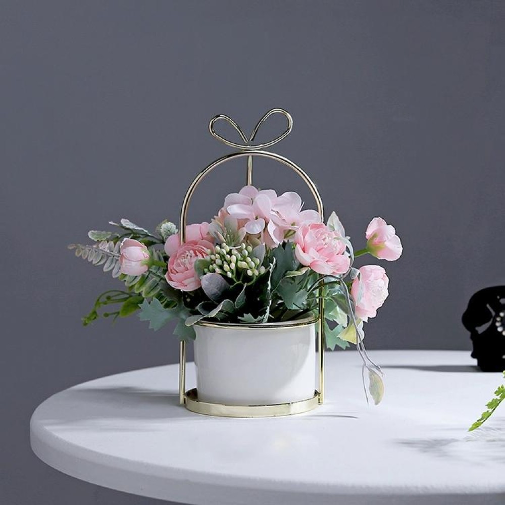 Wrought Iron Portable Frame Hydrangea Flower Pot Decoration Ornaments Home Study Office Wedding Decoration(Light Pink)