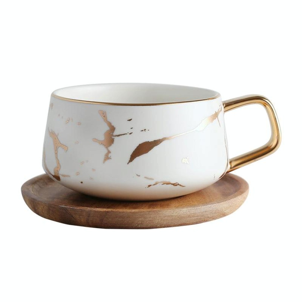 Marble Matte Gold Series Ceramic Tea Cup Coffee Mug With Wooden Lid Or Tray(White with Tray)