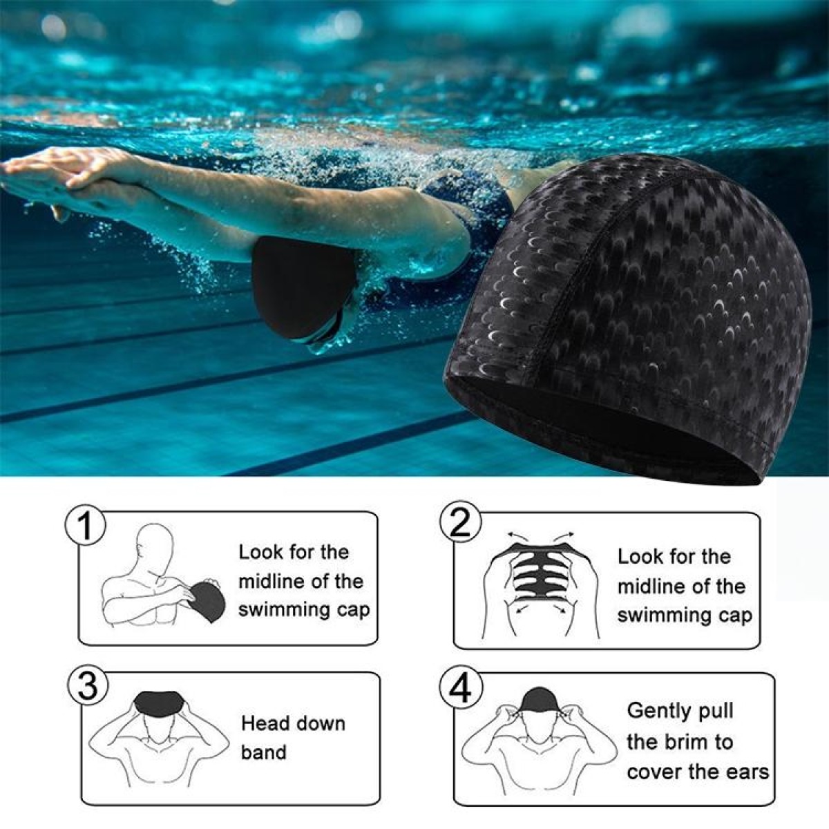 Adult Crescent PU Waterproof Comfortable Earmuff Swimming Cap(Dark Blue)