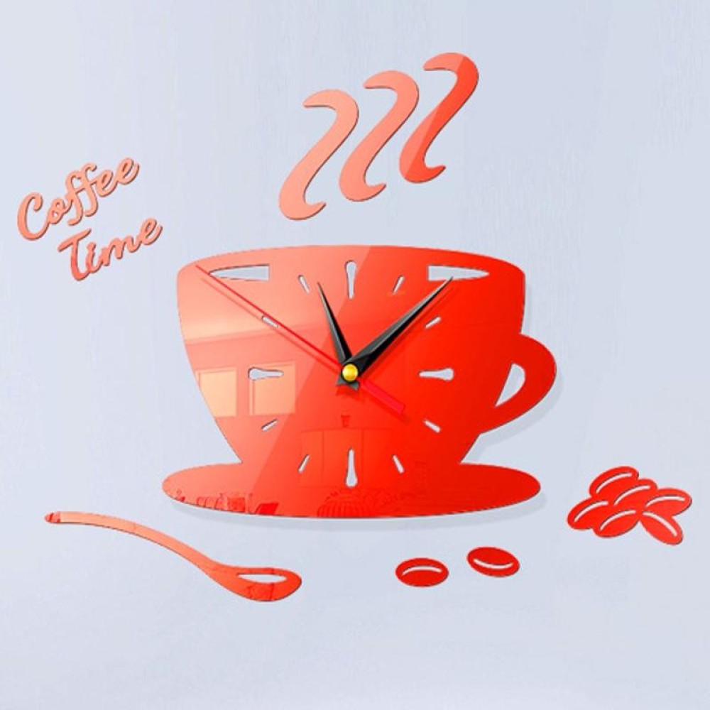 Home DIY 3D Stereo Decorative Fashion Coffee Wall Clock Acrylic Mirror Wall Sticker Coffee Clock(Red)