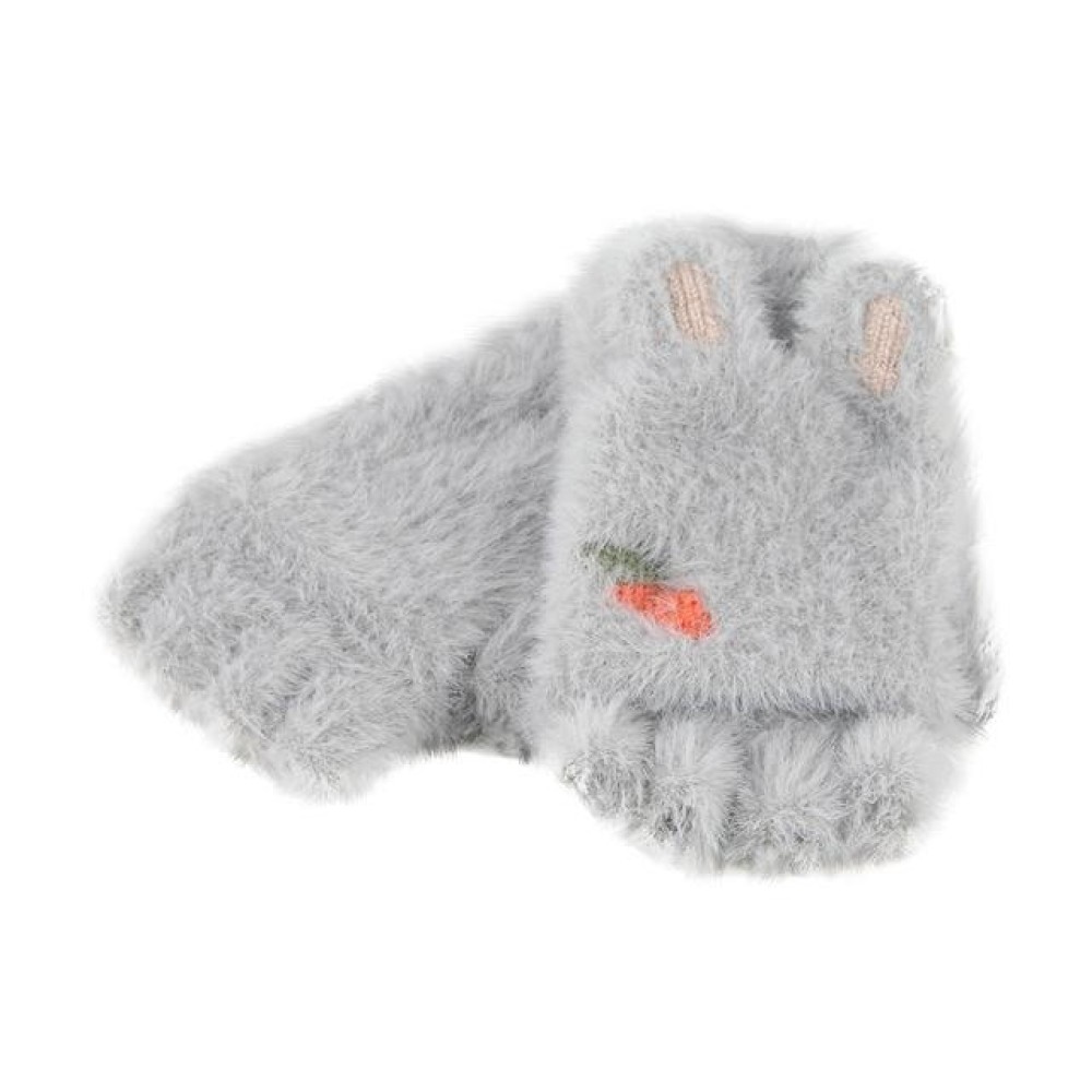 Children Half Finger Gloves Knitted Cold Warm Plus Velvet Fingerless Gloves(Light Gray)
