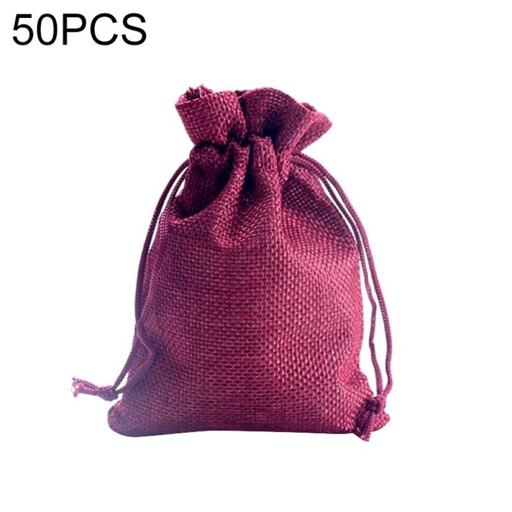 50 PCS Multi size Linen Jute Drawstring Gift Bags Sacks Wedding Birthday Party Favors Drawstring Gift Bags, Size:7x9cm(Wine Red)