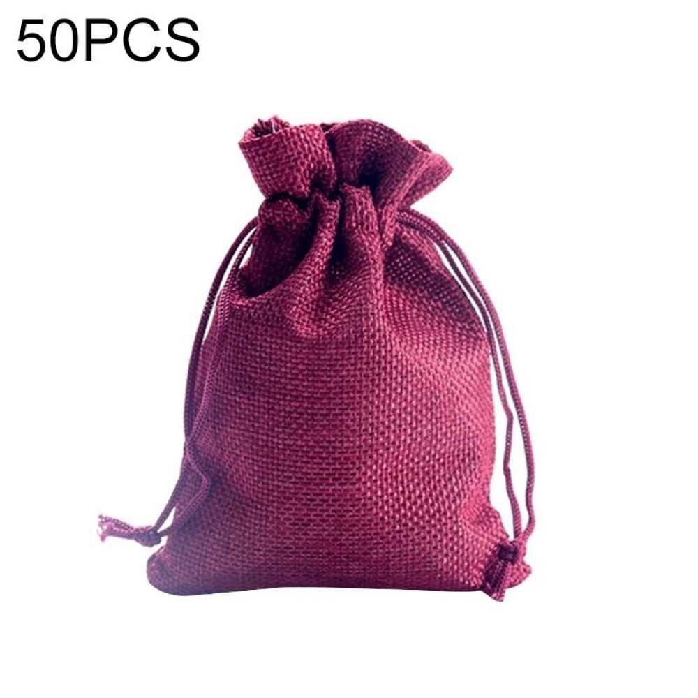 50 PCS Multi size Linen Jute Drawstring Gift Bags Sacks Wedding Birthday Party Favors Drawstring Gift Bags, Size:9x12cm(Wine Red)