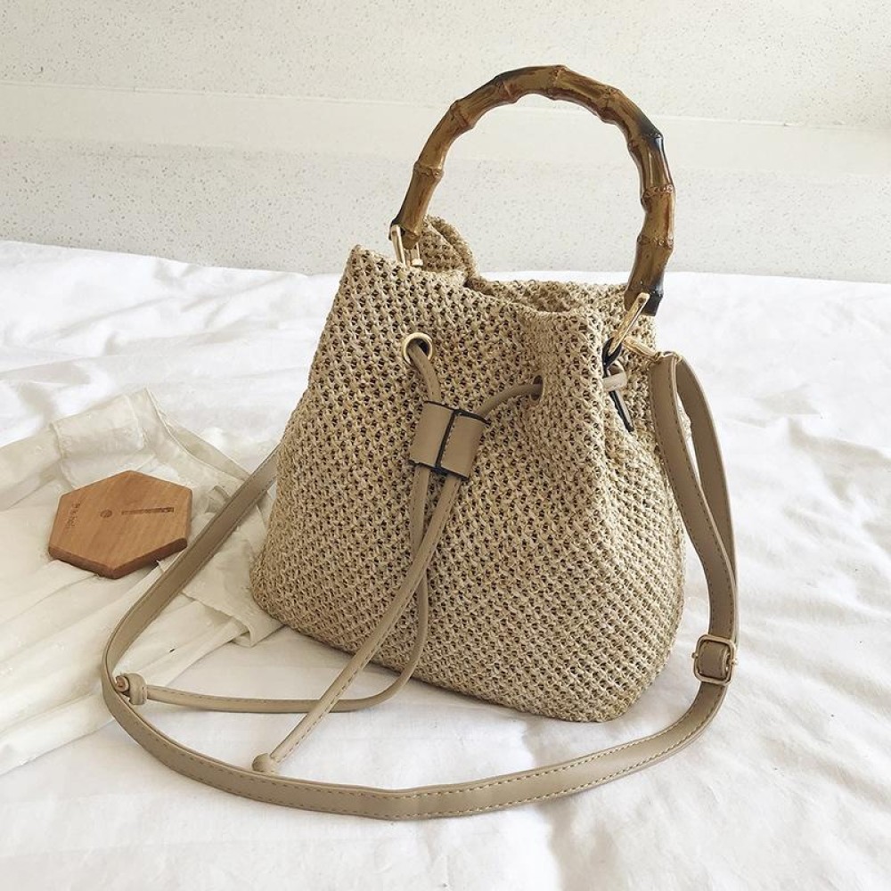 88991 Straw Handbag Shoulder Messenger Bag Bamboo Bucket Bag(Khaki)
