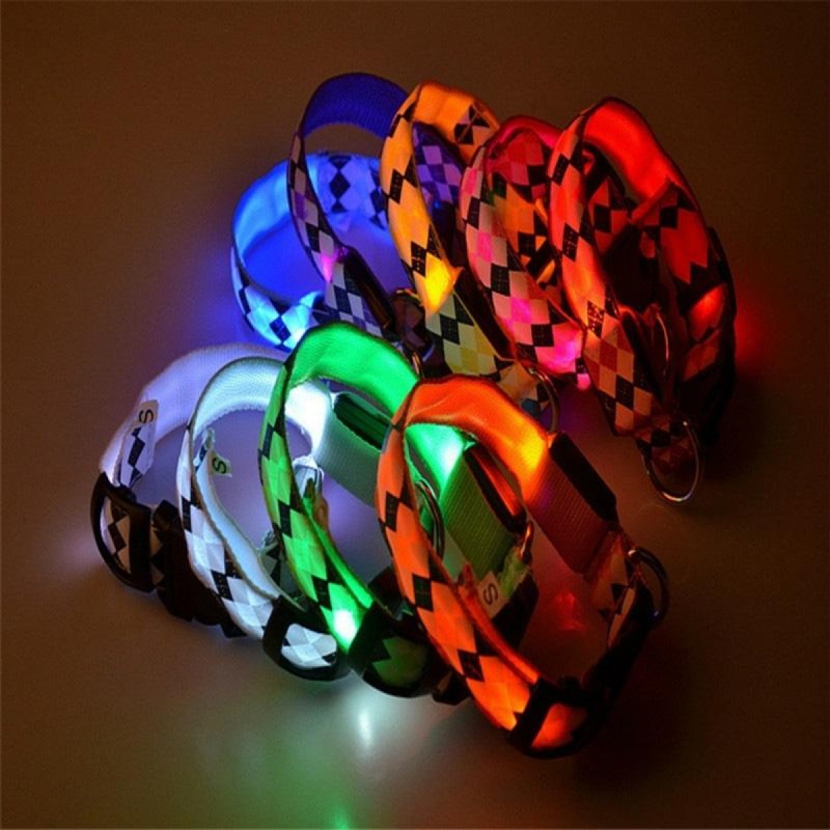 Plaid Pattern Rechargeable LED Glow Light Leads Pet Dog Collar for Small Medium Dogs, Size:L(White)
