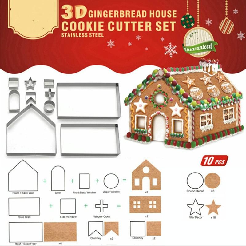 10 in 1 3D Stainless Steel Biscuit Mold Christmas Gingerbread House Baking Tools