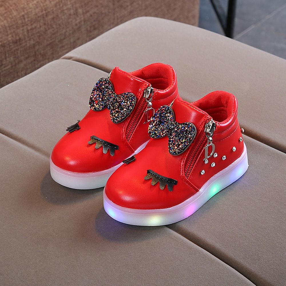 Kids Shoes Baby Infant Girls Eyelash Crystal Bowknot LED Luminous Boots Shoes Sneakers, Size:22(Red)