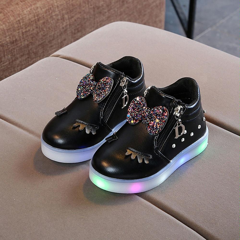 Kids Shoes Baby Infant Girls Eyelash Crystal Bowknot LED Luminous Boots Shoes Sneakers, Size:22(Black)