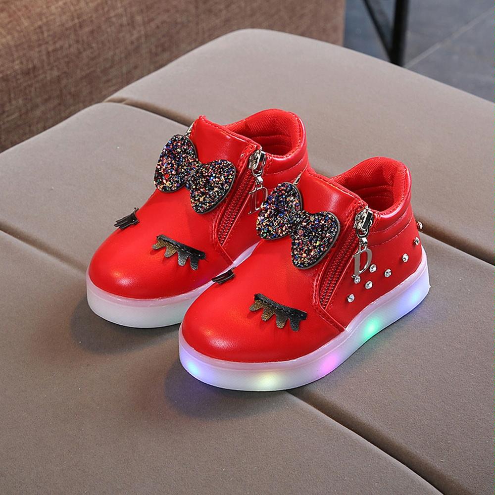Kids Shoes Baby Infant Girls Eyelash Crystal Bowknot LED Luminous Boots Shoes Sneakers, Size:23(Red)