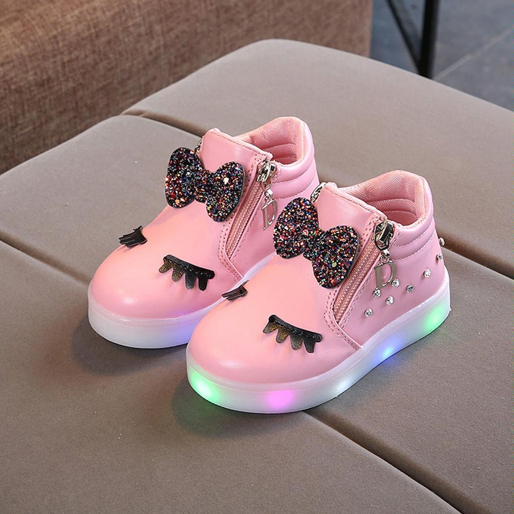 Kids Shoes Baby Infant Girls Eyelash Crystal Bowknot LED Luminous Boots Shoes Sneakers, Size:29(Pink)