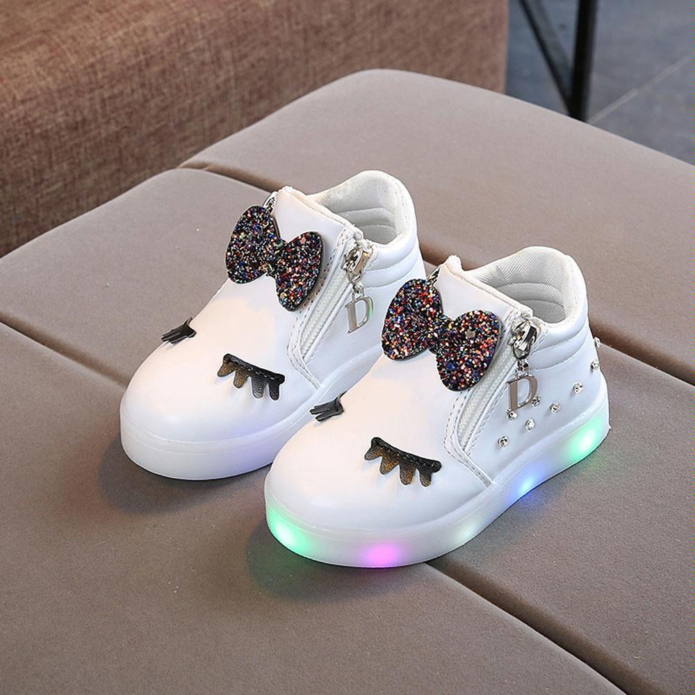 Kids Shoes Baby Infant Girls Eyelash Crystal Bowknot LED Luminous Boots Shoes Sneakers, Size:33(White)