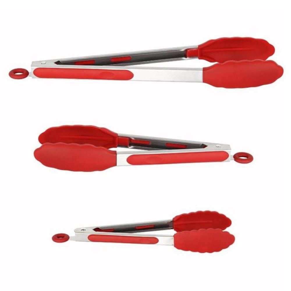 3 in 1 Stainless Steel Bread Barbecue Food Clip Silicone Baking Tools Set (Red)