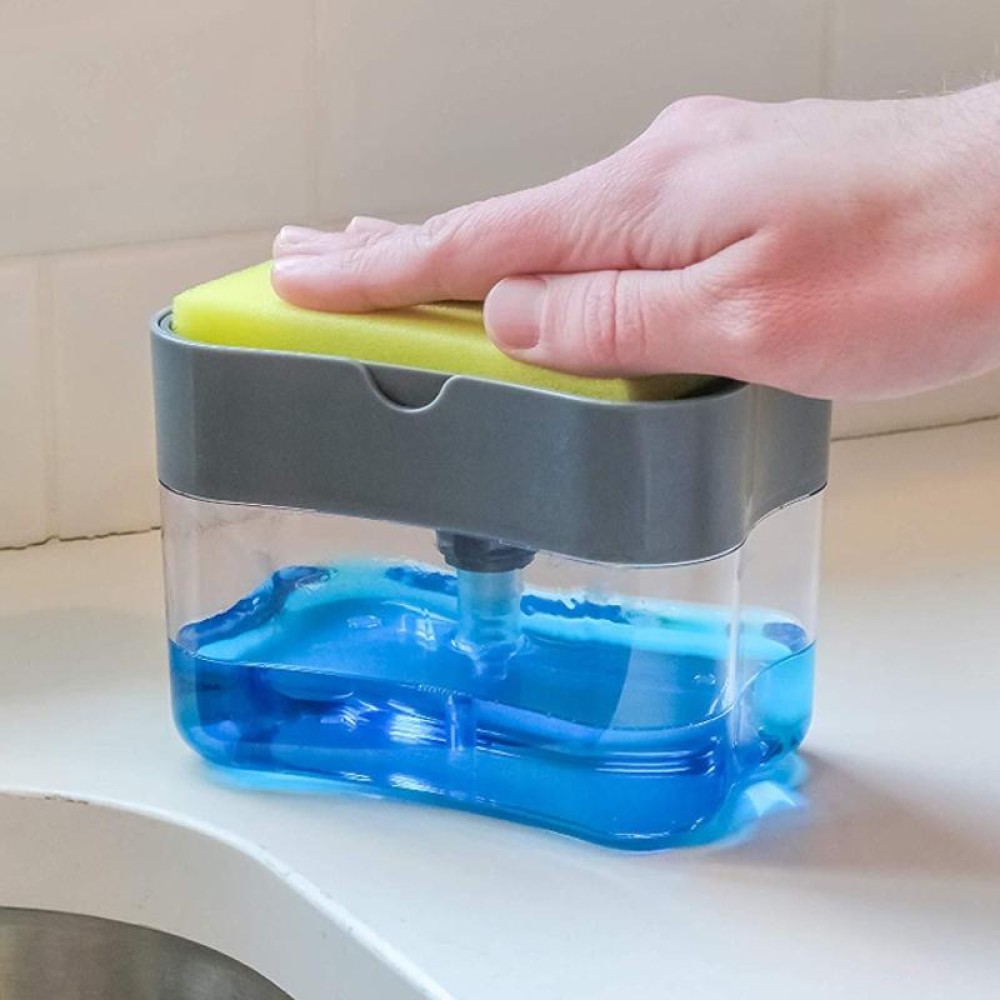 Kitchen Dishwasher Brush Press Liquid Soap Pump Box Soap Dispenser with Washing Sponge Detergent Automatic Cleaning Brush( Grey)