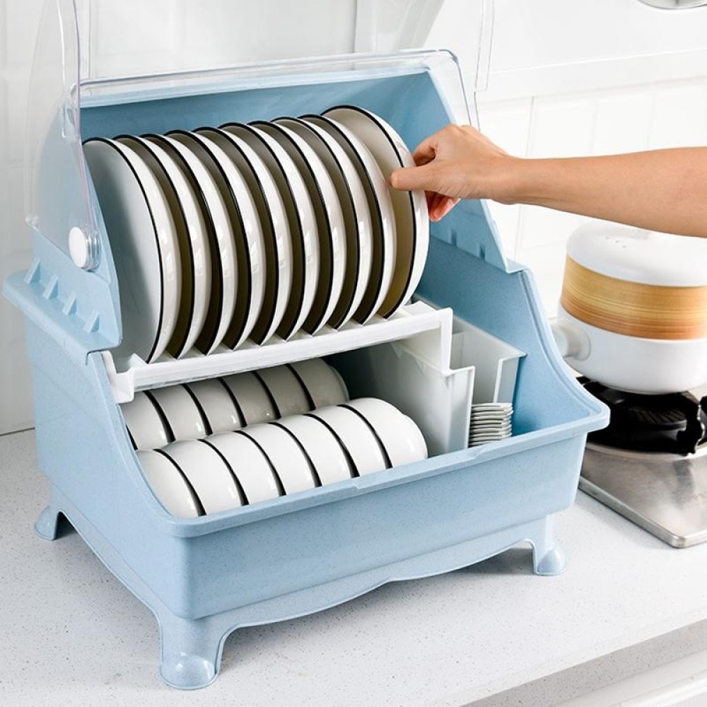 Multifunctional Kitchen Tableware Bowls Chopsticks Storage Box Large Double-layer Drain Rack With Lid(Blue)